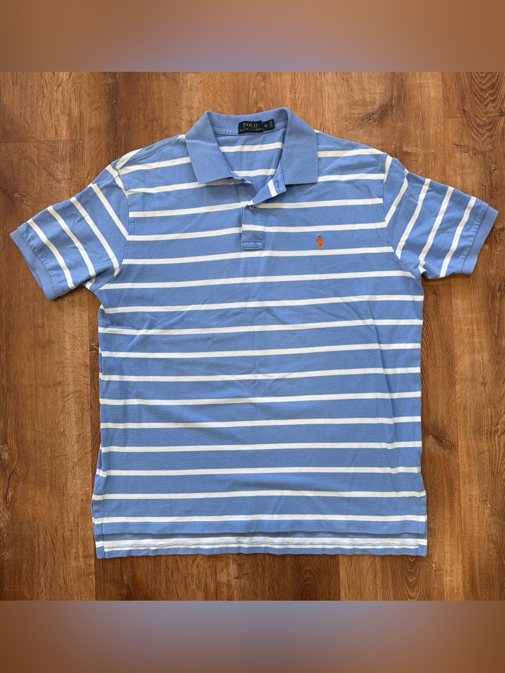 Polo Ralph Lauren Polo Shirt Mens XL Blue White Striped with Orange Logo